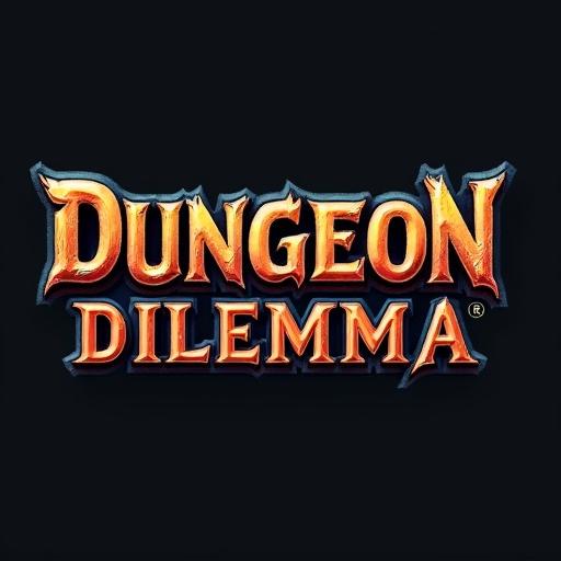 Text 'DUNGEON' stacked above 'DILEMMA' centered. Font is heavy, blocky serif with chiselled edges. Style is 2D digital painting.