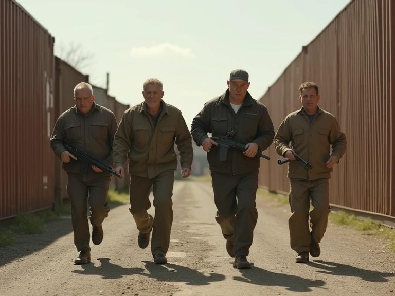 Photorealistic image of four older gunmen in work clothes running away in a freight container yard.