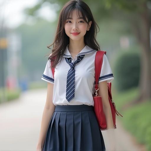 Image of a beautiful female high school student. She wears a Shenzhen school uniform. The outfit includes a white blouse, navy blue skirt, and a red bag. The background is a sunny pathway.