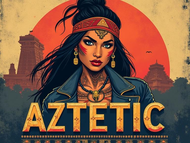 Vintage poster in the style of 1970s Mexican lucha libre graphics featuring a fierce indigenous woman from CDMX with bold lettering for 'AZTETIC'. Focus on Aztec patterns and deep color palette. High cheekbones with face paint and sharp eyeliner. Editable tattoo details and stylized CDMX skyline in background with sunset. Include texture and effects with vintage comic style influences. Evoking moods of cultural heritage and nostalgia.