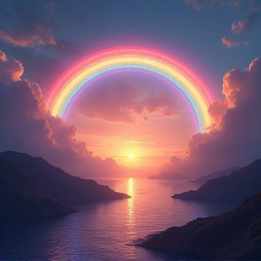 A stunning landscape features a vibrant rainbow arching across the sky. The background showcases mountains and a calm body of water reflecting the colorful scene. The sun sets at the horizon, adding a warm glow to the clouds and creating a magical atmosphere.
