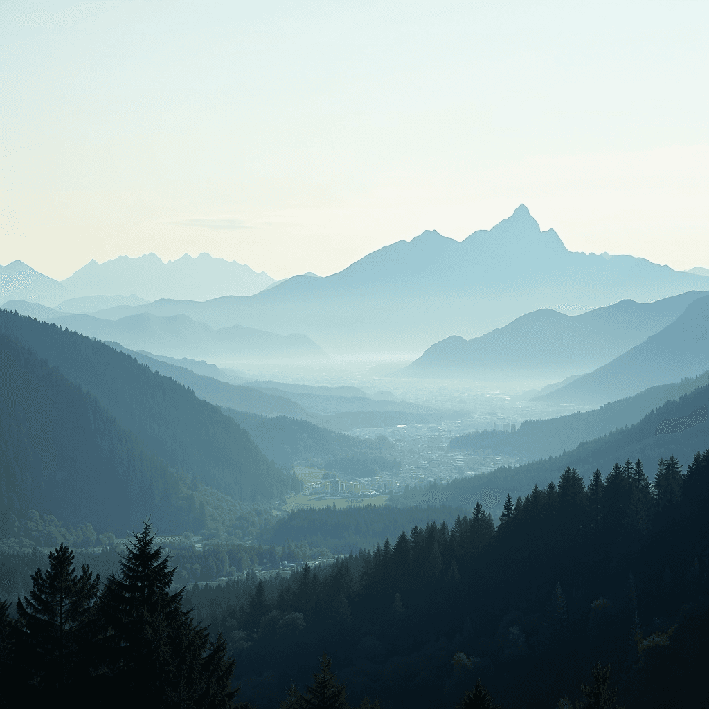 Layers of misty mountains with a valley and forest in the foreground, under a serene sky.