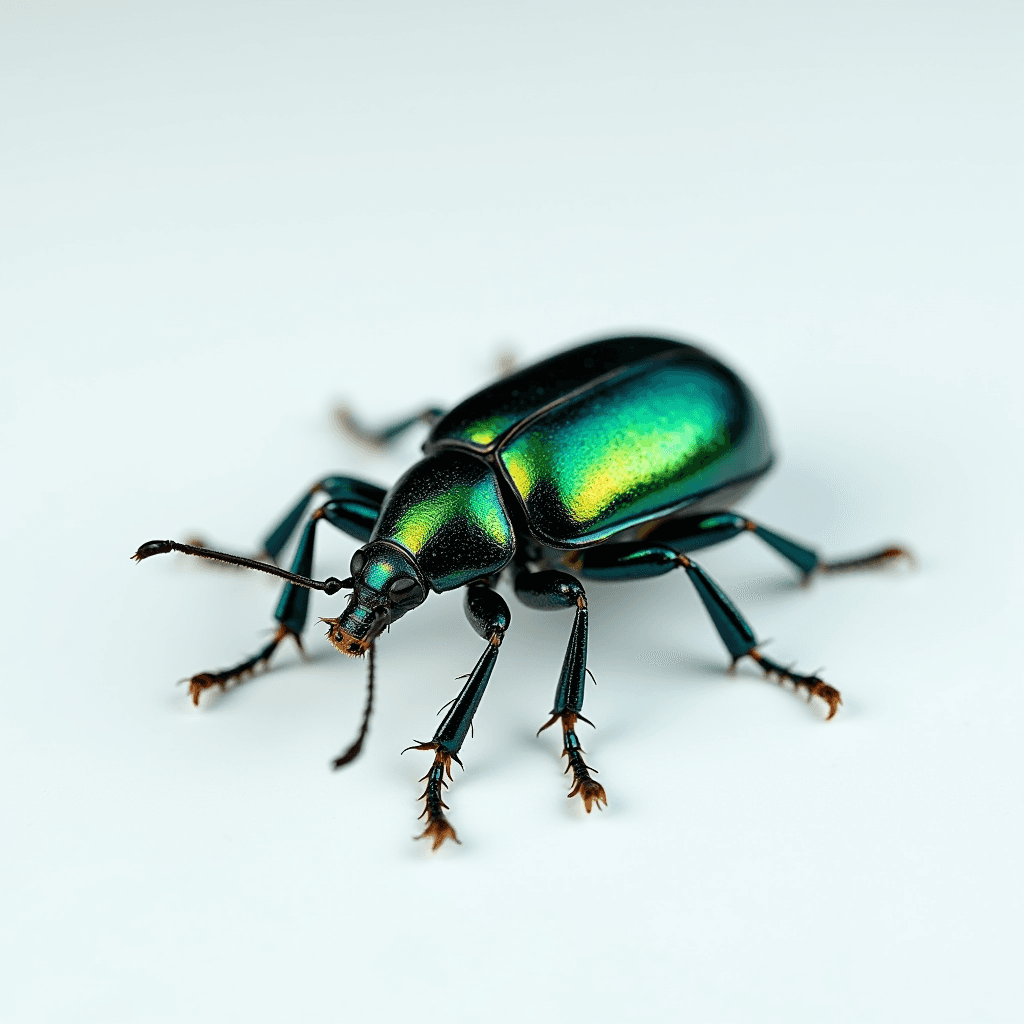 A close-up of a vibrant, iridescent green beetle with intricate leg and antenna details.