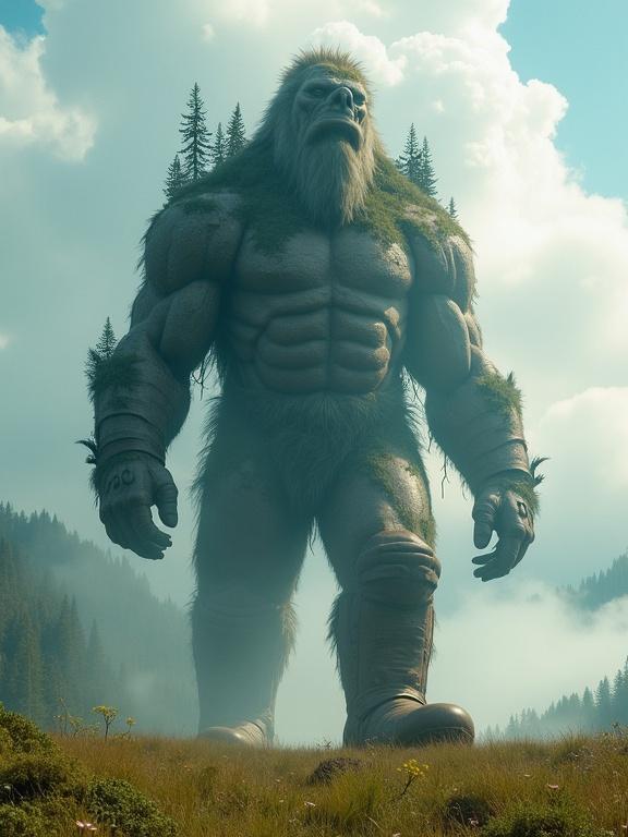A giant mountain creature walking through lush fields. It has leather boots and a body covered in moss. Forest trees grow on top. Mist swirls around its feet. The scene has a whimsical and imaginative feel. Lighting is magical with clouds drifting nearby.