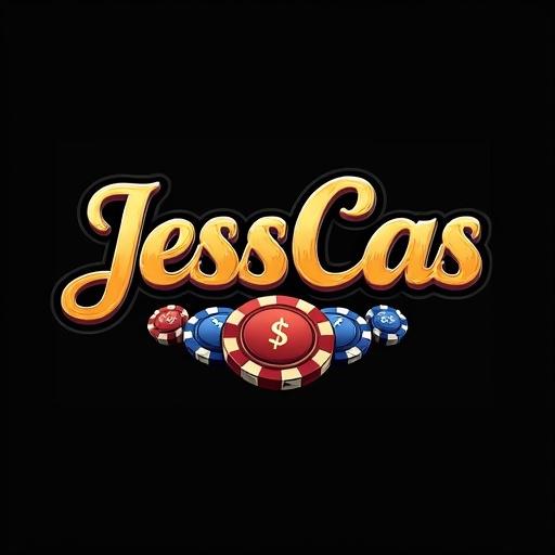 Design featuring the 'JessCas' online casino logo on a black T-shirt. Logo is bold and styled like a casino. Elements include geometric casino chips, minimalist playing cards, and dice. Clear vector art style with closed paths. Clean edges and no transparency. All elements neatly contained within boundaries.