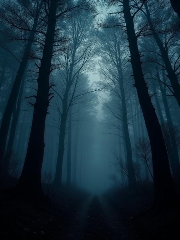 Pitch-black forest at night with faint starlight. Image dominated by dark tones. Trees are ghostly, shapes fading into shadows. Starlight casts a cold bluish hue. No other light sources present. Forest floor cloaked in darkness, possibly mist. Evokes fear and mystery.