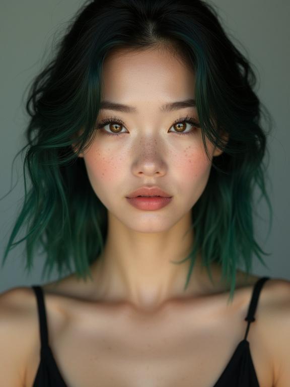 Ultra high resolution cinematic portrait of a young woman with smooth porcelain skin and soft freckles. Direct gaze with golden amber irises and thick dark brows. Shoulder-length emerald green hair in tousled waves. Lightly flushed cheeks and subtle peach-colored lips. Wearing a black spaghetti strap top in a neutral studio with softbox lighting.