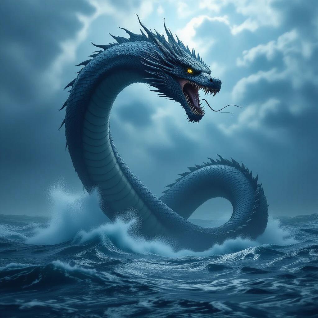 Colossal sea serpent rises from depths of a stormy ocean. Hyper-realistic depiction with dramatic lighting. Dynamic and cinematic scene. 8K resolution suggested for detail.