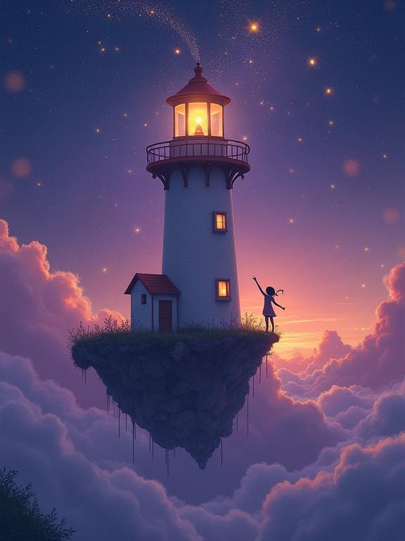 A surreal floating lighthouse drifts through a starlit sky. Clouds curl around the lighthouse base. A girl reaches up from the lantern balcony toward fireflies turning into stars. Rich purple and gold colors dominate the scene. Soft brush textures create a dreamy atmosphere. The image evokes emotions of wonder and magic.