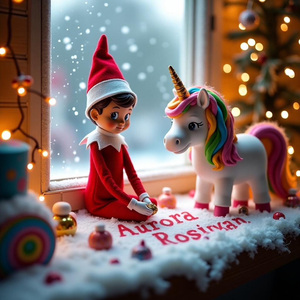 An enchanting Christmas scene featuring an elf on the shelf and a rainbow unicorn. The elf, dressed in red and white, writes in snow by the window with a magical wand. Colorful candy decorations are present. The background shines with festive lights.