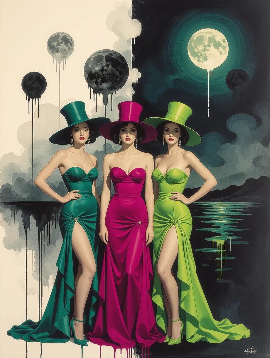 Three figures in vibrant green and magenta dresses stand confidently. Dresses have high slits and unique silhouettes. Background features a dramatic midnight horizon with a full moon. Surreal elements include dripping ink and a whimsical atmosphere. The artwork reflects influences from Salvador Dali and Monet's color schemes.