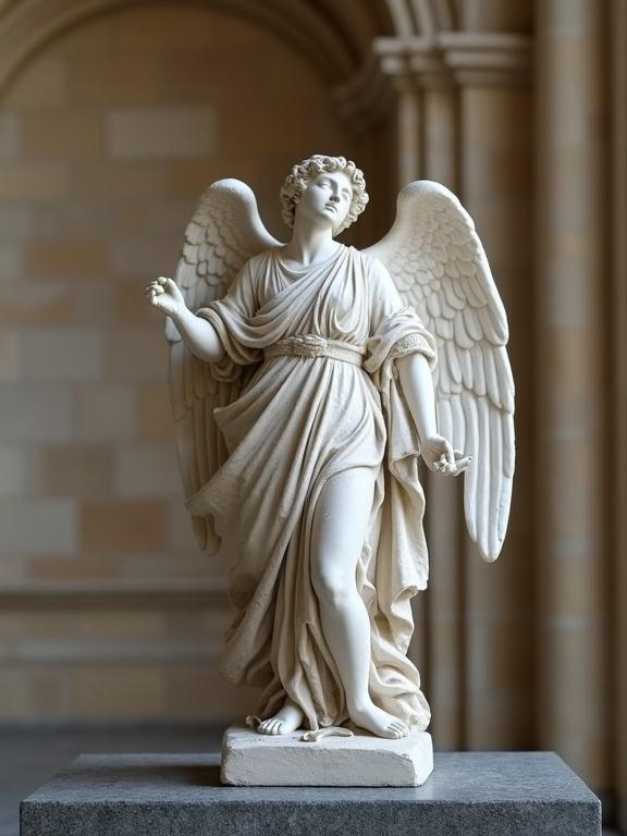 Photograph depicts a marble angel statue with large wings and head tilted back. The statue is draped in flowing cloth with a stone texture and worn surface. It stands on a dark stone ledge against a beige stone wall with a curved arch in the background. The natural light creates soft shadows and a quiet atmosphere. The statue showcases fine details in wings and cloth folds. It emanates a peaceful and contemplative presence, rich in historical and religious context. The composition is vertical with a medium close-up view.