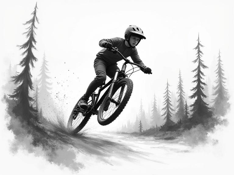 Young rider jumping on a bicycle in a forest scene. Dynamic storyboard sketched with charcoal lines and minimal colors. Trees surround the background, conveying speed.