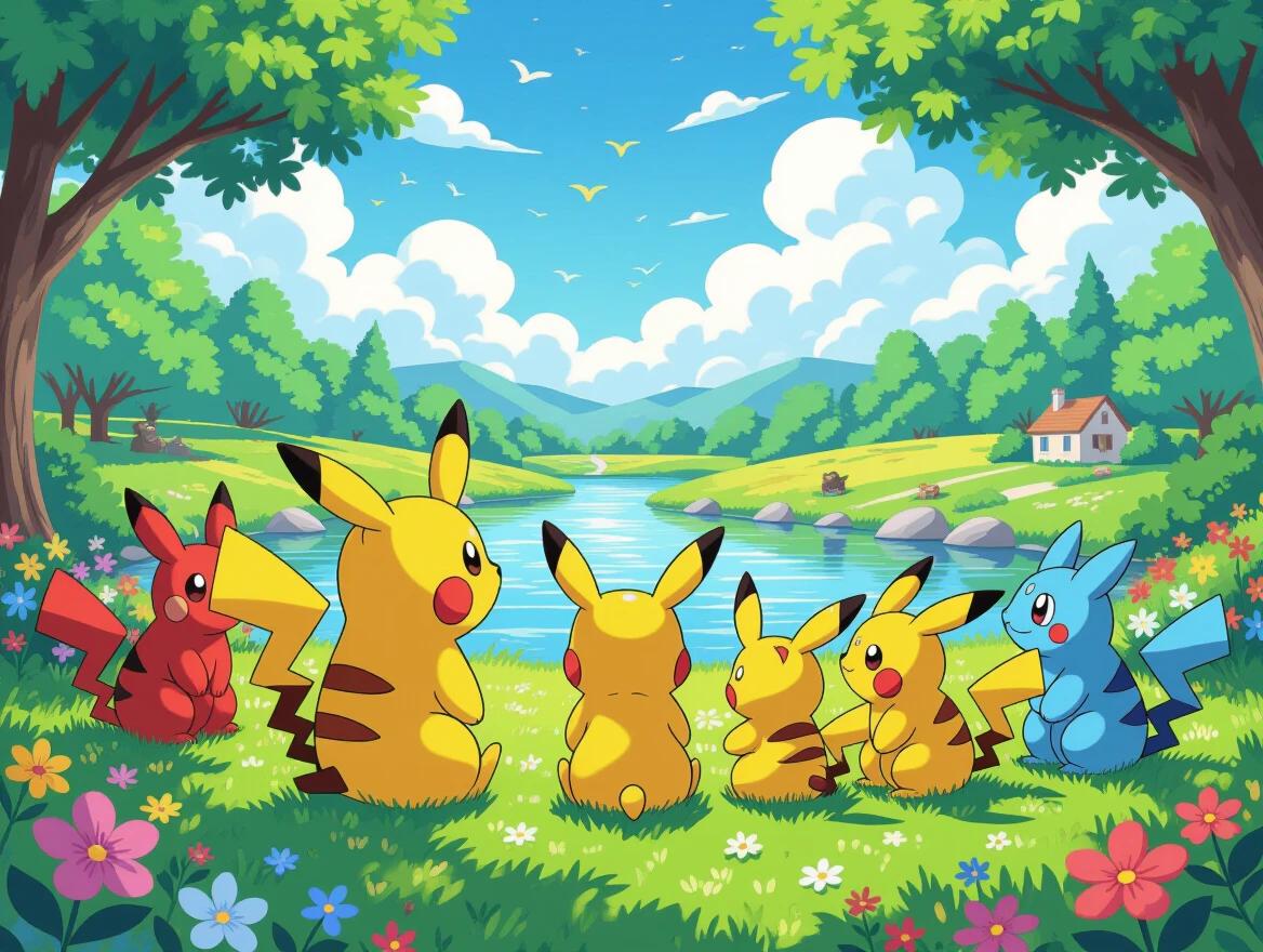 Pikachu and several Pokémon are sitting on a lawn by a river. They have their backs turned. The sky is bright with clouds. Flowers surround them. A house is visible in the distance.