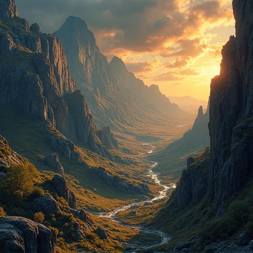 A stunning mountain landscape during sunset with a winding river in the valley and dramatic peaks.