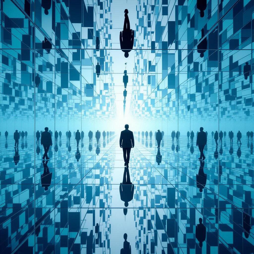 Digital artwork of an infinite mirror maze features reflections creating false walls floors and ceilings. A figure navigates countless tilted mirror surfaces. Each reflection shows a different angle creating confusion. Harsh white lighting enhances glare. The maze appears to extend infinitely in all directions. Photorealistic rendering creates disorientation and tension.