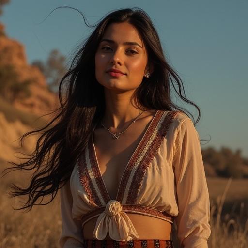 Portrait of young woman outdoors with long flowing hair wearing a stylish outfit. Warm natural lighting enhances her beauty. Relaxed pose against a nature backdrop.