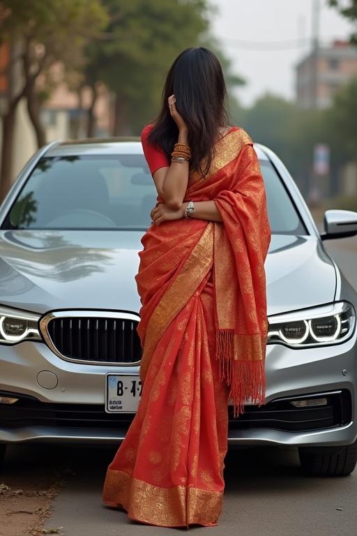 Indian woman dressed in a traditional saree with red and gold colors standing beside a BMW car hiding her face with her hair