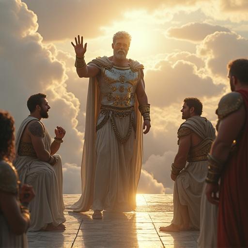 Above clouds in floating marble arena, Zeus gazes at mortal kings and gods kneeling. Silver-golden armor with celestial glyphs. Eyes glowing as he raises hand, judging their fate. Intense light and shadow play around him, capturing the moment.