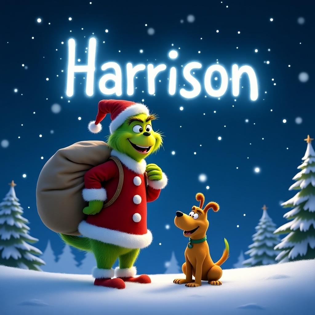 A smiling Pixar themed Grinch in a snowy landscape. The Grinch writes 'Harrison' in the night sky. He wears a festive red suit and carries a large sack. His dog Max is nearby, smiling. Background features a starry sky and snowflakes. Pine trees enhance the winter scene.