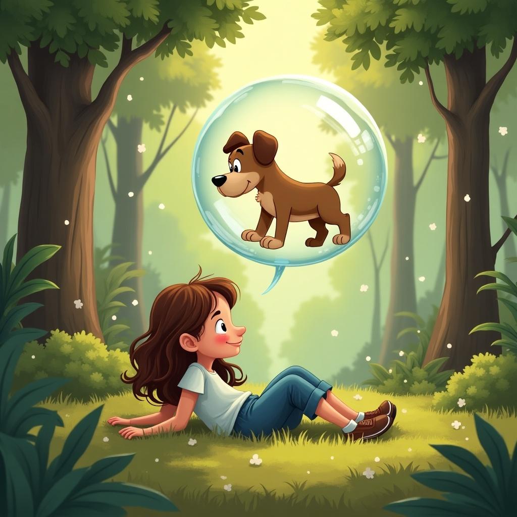 A girl laying on the ground in a forest with a dog in a bubble floating in the air. Cute and funny illustration in a Disney-like style.