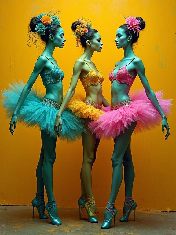 Surreal whimsical portrait of three nude ballerinas in eccentric attire. Ballerinas painted in shades of green, magenta, yellow, and blue. Intricate details and hyperdetailed expressions. Contrasting background in yellow ocher and burnt sienna.