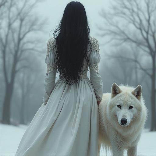 A lady with long black hair in a flowing dress stands beside a white wolf in a snowy setting. The atmosphere is misty and magical. The scene evokes a sense of mystery and connection with nature.