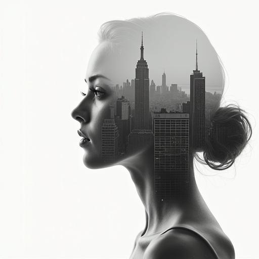 Monochrome double exposure portrait featuring a woman's close-up profile. The profile is filled with a minimalist city skyline. Silhouettes of skyscrapers align with her facial contours and windows form freckles. High contrast without colors and a clean blend is used.