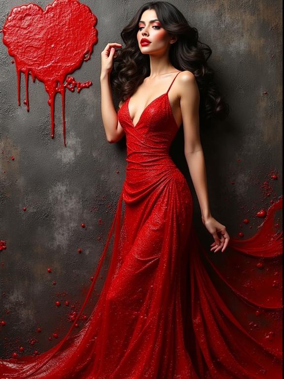3D artistic representation of a woman in a luxurious red v-shaped gown with a textured background and a speech bubble saying Red alert.