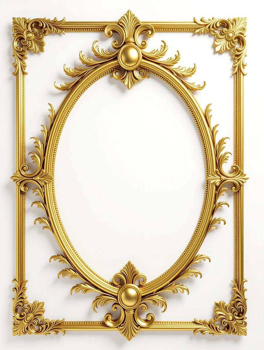 An ornate golden frame with intricate designs. The frame is empty and highlights its details.