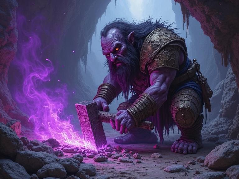 A malevolent dwarf crafts evil creations in dark caves. He has a twisted form, glowing purple aura around him. He mutters while hammering steel chunks. A sinister chuckle escapes as he looks towards you.
