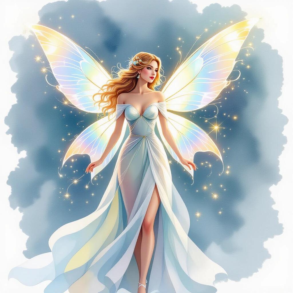 A fairy woman with transparent wings wearing a silk gown. Glowing aura emanates from her. She stands in an elegant pose. This is a watercolor illustration. The background is white to isolate the figure.