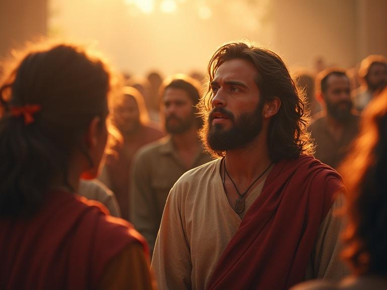 A young man named Judas experiences awe in a crowd. Jesus is healing and preaching with open arms. Surrounding faces express hope. Judas observes from a distance with wonder in his eyes.