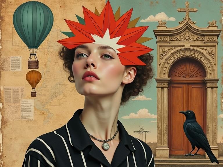 Surreal collage artwork featuring a female figure with geometric red starburst. Background includes hot air balloons, a wooden door, and a perched bird. Rich color palette with warm and cool tones. Textured composition with scrapbook elements and layered patterns.