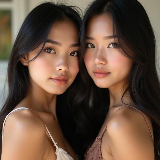 Two pretty Asian girls pose together showing their styles and friendship. The image captures their youthful essence in a soft and natural setting.