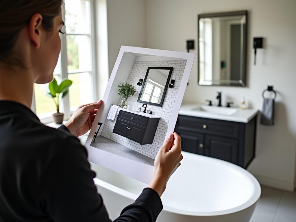 In a cozy bathroom setting, a person is holding a large photograph of a well-designed bathroom. The bathroom is modern with a sleek bathtub, a stylish sink, and chic cabinetry. A mirror reflects the bright and airy atmosphere, enhanced by natural light coming through a window. The photo being held showcases the bathroom's elegant design, which features black accents contrasting with white tiles. The background reveals the actual bathroom, highlighting the differences or similarities between the two spaces. This image captures a moment of renovation inspiration and planning.