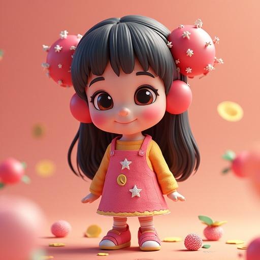 A young girl in a colorful outfit stands with a playful expression. She is surrounded by whimsical elements such as spherical decorations. The style is a high-quality 3D illustration with vibrant colors.