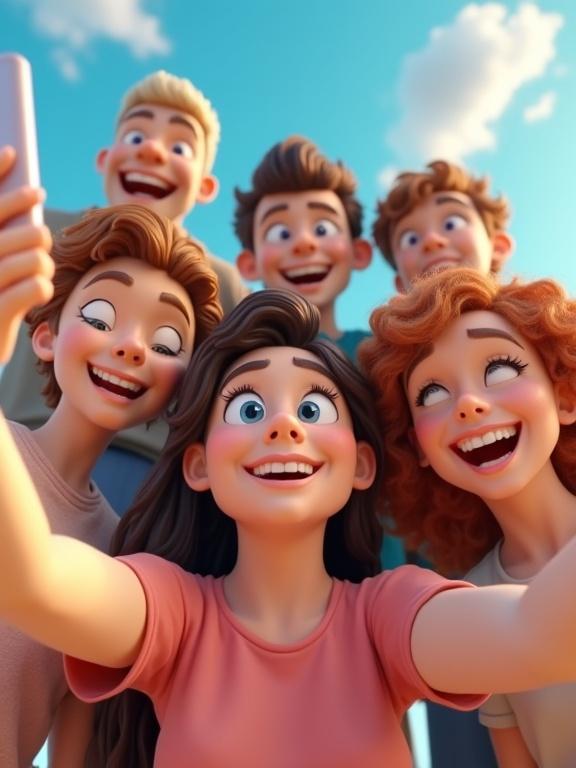 Six animated characters taking a selfie in 3D cartoon style. Characters have happy expressions and are posing closely together against a bright sky.