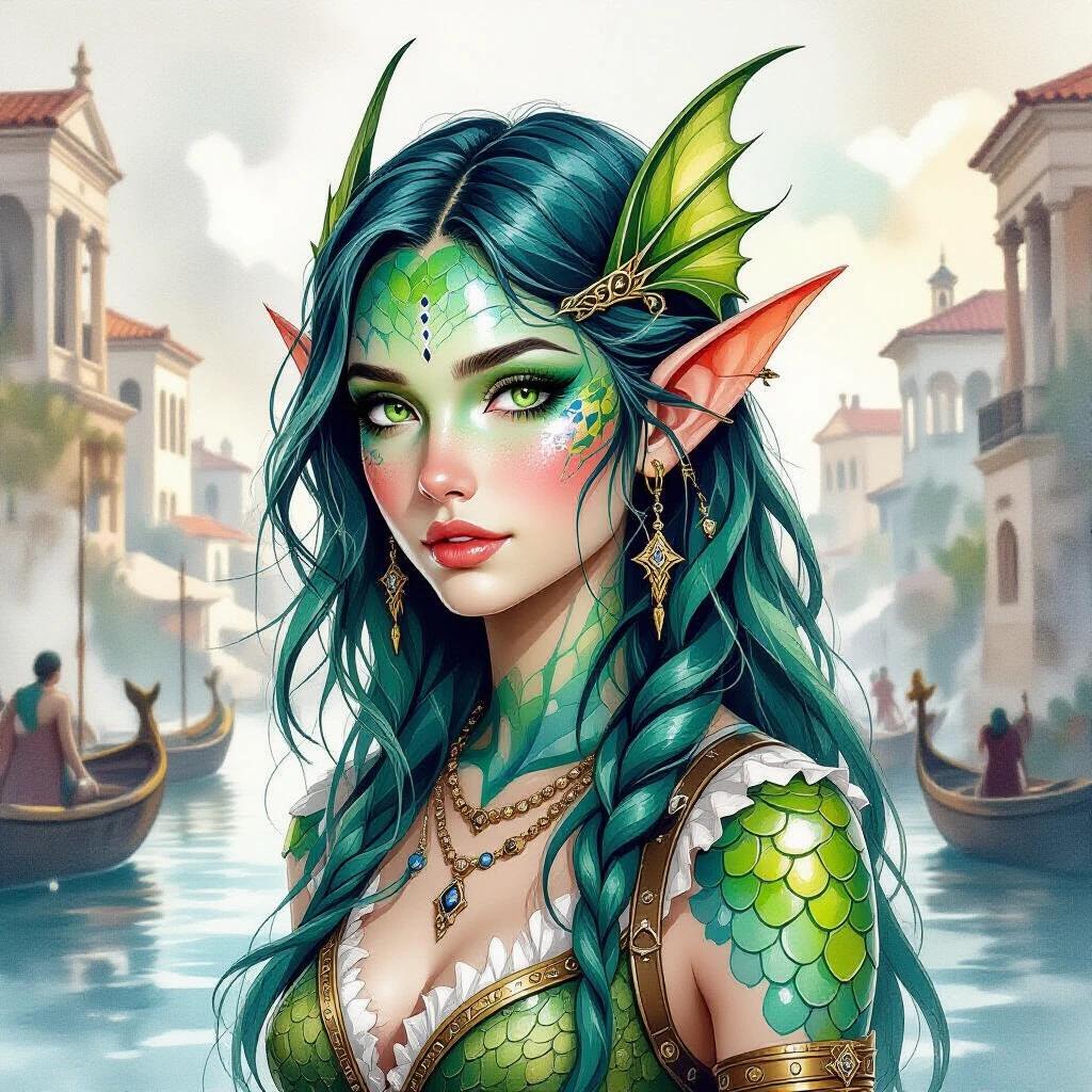 Dark watercolor illustration of a teenage Triton fish-female in a fantasy setting. Features sharp finned ears and green-blue scaled skin. Ancient Grecian fantasy port city backdrop. Wears ancient Greek-themed clothing. Holds black stone with pin-sized holes for casting light constellations. Long green-blue hair slick-backed. Skin with green and blush hues alongside fish scales. Amphibian design with no human traits.