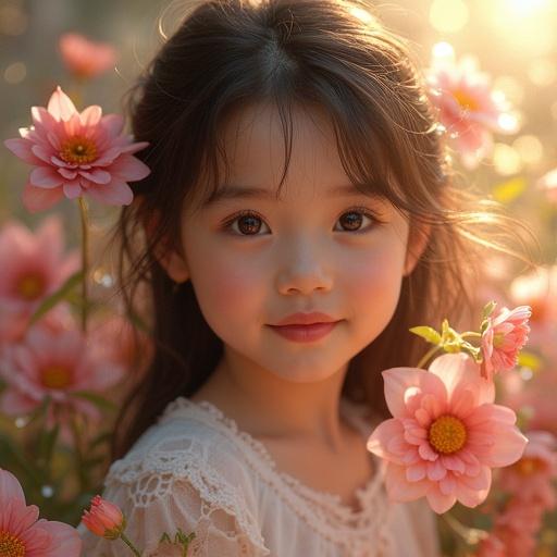 A girl surrounded by flowers. Photo realistic image with light reflections. Focus on the girl's gentle expression.
