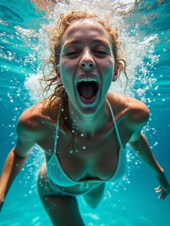 Underwater image of a playful woman in a bikini expressing joy. Eyes wide open, mouth breathing air. Surrounded by bubbles in bright blue water. Sunlight beams illuminating the scene.