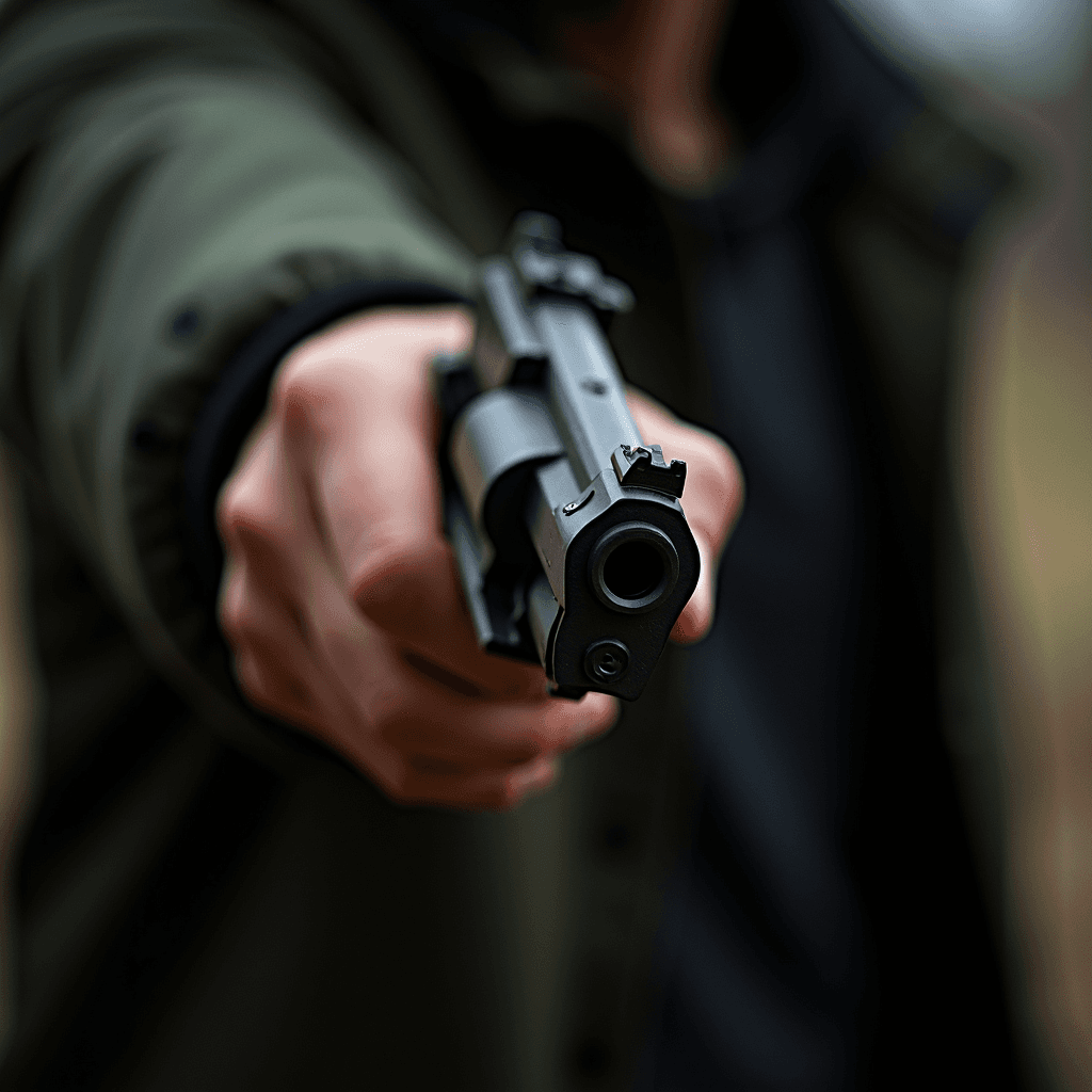 A dramatic close-up of a person aiming a gun at the viewer.