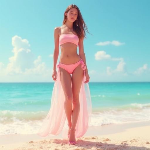 Model stands on the beach wearing a pink swimsuit. She features long, flowing hair and a sheer cover-up. The ocean is visible in the background with a bright sky.