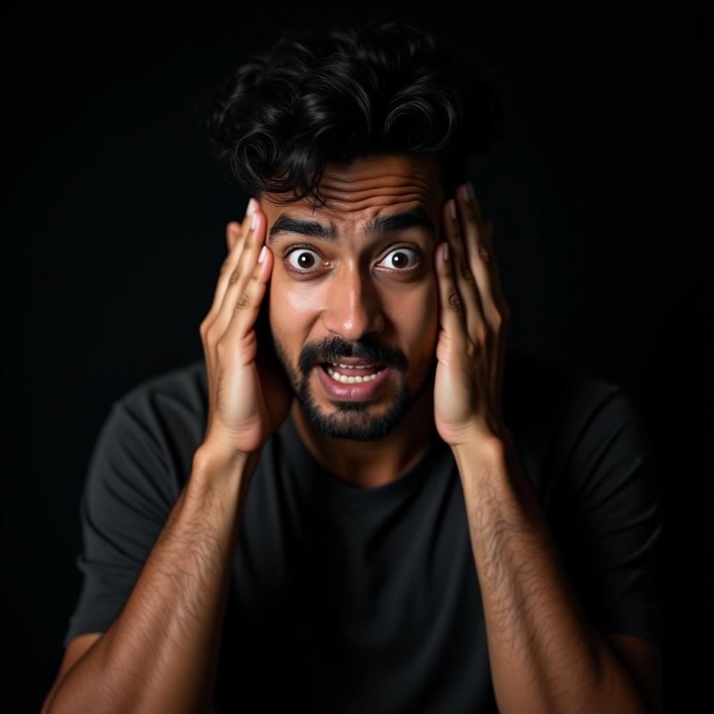 Handsome Indian man in late 20s with medium build. Hair is curly and short on top. Little stubble on face. Shows intense fear with expressive eyes and parted lips. Hands raised near face with fingers curled. Shoulders hunched indicating vulnerability. Dark background emphasizes focus. Dramatic lighting creates shadows enhancing features. Overall mood is fear and panic with tense posture.