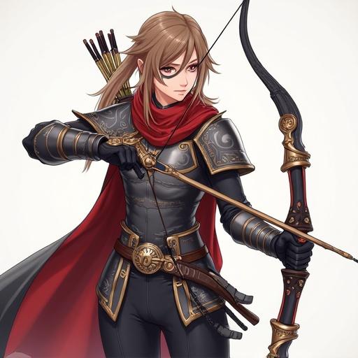 An anime-style archer character with a bow and quiver, wearing armor and a cape. Bowstring pulled, ready to shoot. Detailed character design.