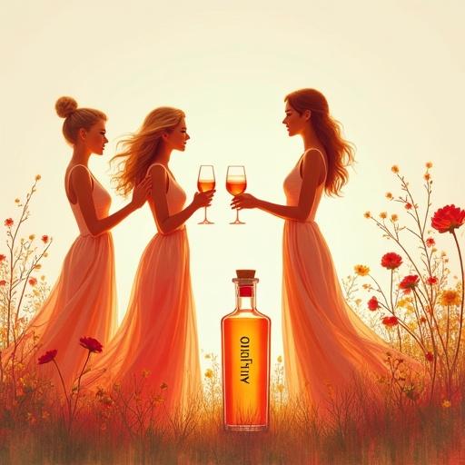 Minimalist screen printing artwork. Luxury garden setting. Three beautiful supermodel silhouettes. Golden-reddish silky dresses. Toasting with cocktail glasses. Lower apothecary-style bottle labeled 'ALFRUNO'. Cork lid and elegant hang tag. Natural accents with roses and wildflowers.