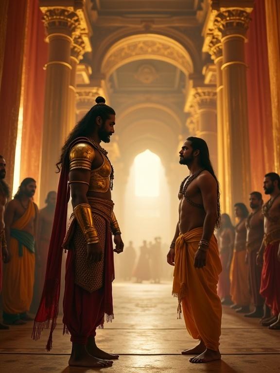 An intense scene set in a royal palace inspired by ancient Indian architecture with tall golden pillars and intricate carvings. Karna stands stunned wearing a warrior's armor. Lord Krishna stands calm in a yellow silk dhoti. The atmosphere is dramatic with warm golden lighting. Background courtiers are silent, tension is in the air.