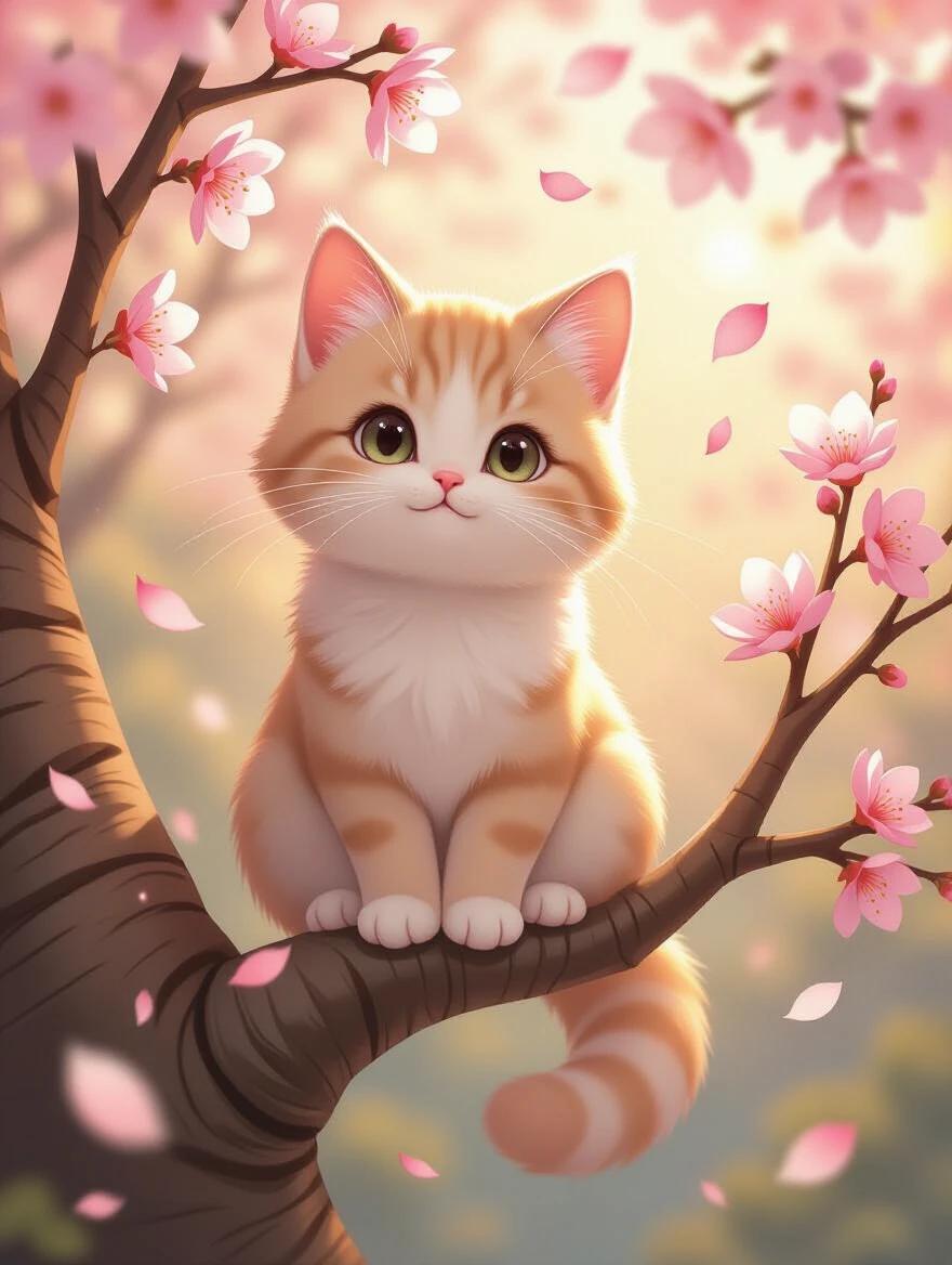 An adorable cat with pastel fur sitting on a tree branch. Cherry blossoms surround the scene. The lighting is dreamy with warm amber tones. The atmosphere is nostalgic and vintage. The cat's expression is peaceful. The background is soft-focused foliage. The scene blends kawaii culture with whimsical illustration. Focus on a soft painting technique with a watercolor effect.
