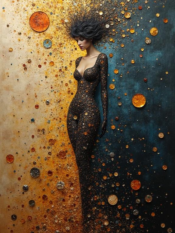 Klimt inspired 3D multilayered mixed media artwork. Dark colors and textures create depth. The figure represents body heat wave. Circular elements in the background. High resolution and magical feel.