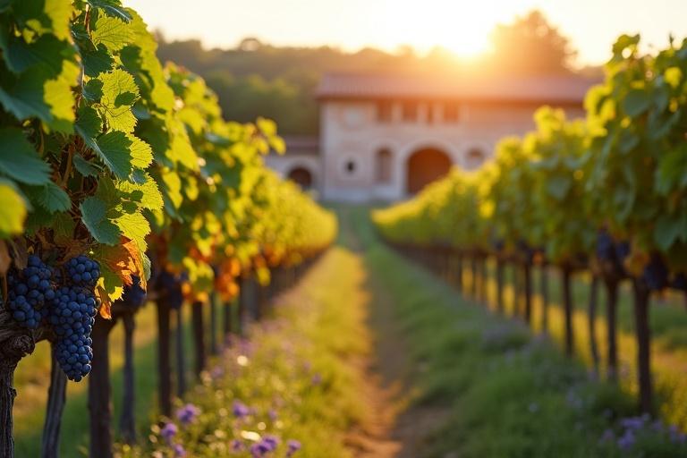 A vineyard scene in late summer during sunset. Rows of green vines are heavy with blue grapes. Some leaves display autumnal hues. A narrow path with flowering plants runs between the vines. An old winery in southern French style is blurred by the evening sun.